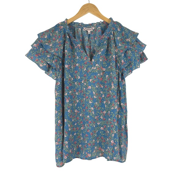 Nanette Lepore Blue Floral Ruffle Sleeve V-Neck Blouse Top Womens XL RN 103715 - Picture 2 of 14